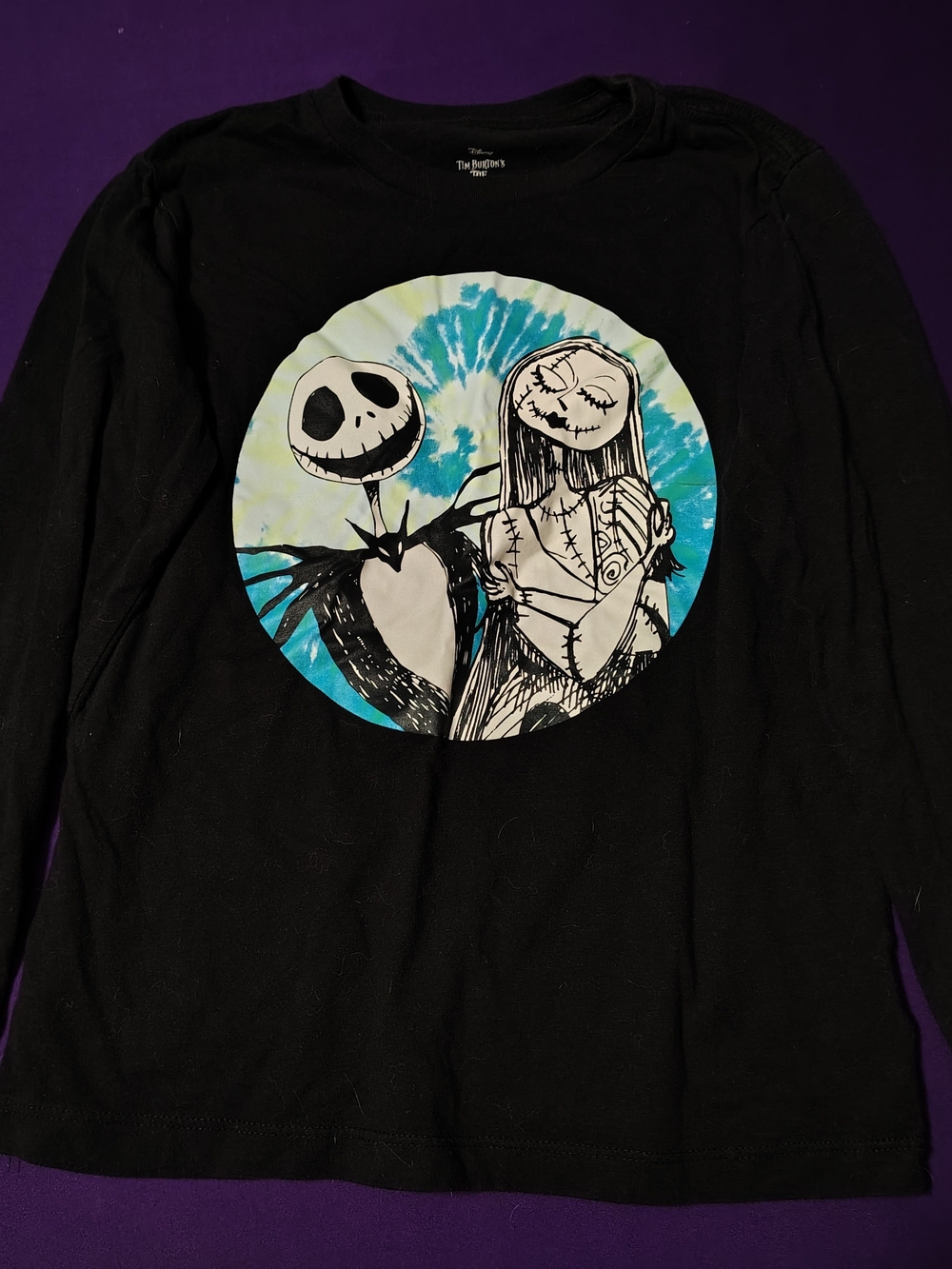 Disney Black Long Sleeve Tee with Blue & White Tie-Dye Circle Graphic